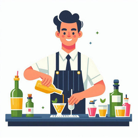 Bartender making cocktail. Vector illustration in flat cartoon style.のイラスト素材