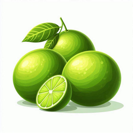 Illustration of fresh limes with green leaves on a white backgroundのイラスト素材