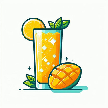 Mango smoothie icon. Vector illustration of a glass of fresh mango juice with ice and mint leaves.のイラスト素材