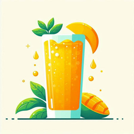 Mango juice in a glass with mango slices and leaves. Vector illustration.のイラスト素材