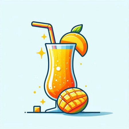 Cocktail with mango and ice in cartoon style, vector illustrationのイラスト素材