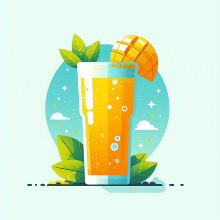 Vector illustration of a glass of fresh mango juice with slices of mango and leavesのイラスト素材
