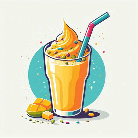 Vector illustration of a glass of fresh mango smoothie with whipped cream and colorful candy.のイラスト素材