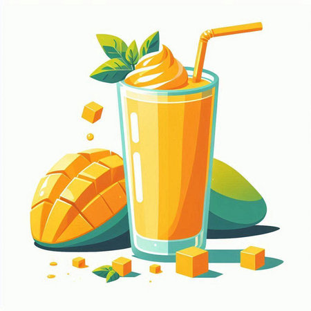 Mango smoothie in a glass with a straw. Vector illustration.のイラスト素材