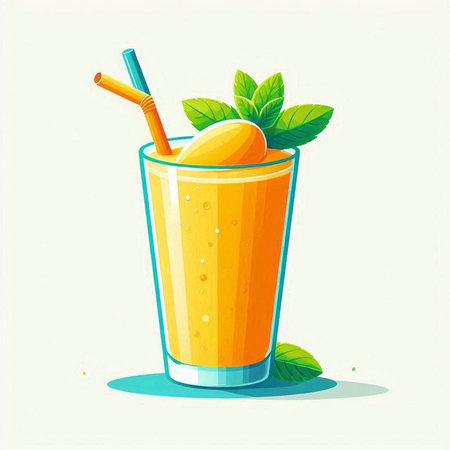 Mango smoothie in glass with straw and mint leaves. Vector illustration.のイラスト素材