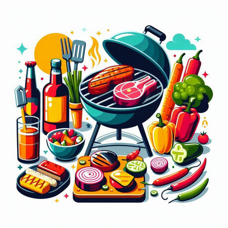 Barbecue party vector illustration in cartoon style. BBQ grill with meat and vegetables.のイラスト素材