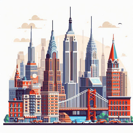 Cityscape of New York City. Vector illustration in flat style.のイラスト素材