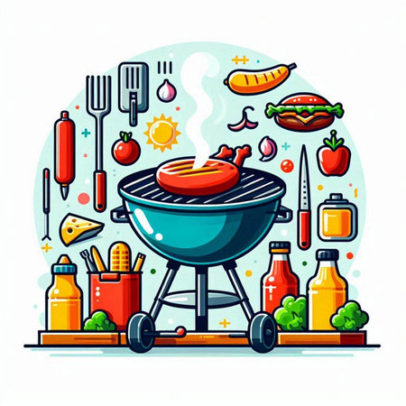 Barbecue grill with food. Vector illustration in flat cartoon style.のイラスト素材