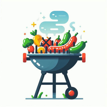 Barbecue grill with fresh vegetables. Vector illustration in flat style.のイラスト素材