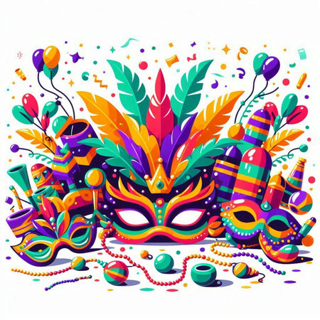 Mardi gras carnival mask with feathers and beads. Vector illustrationのイラスト素材
