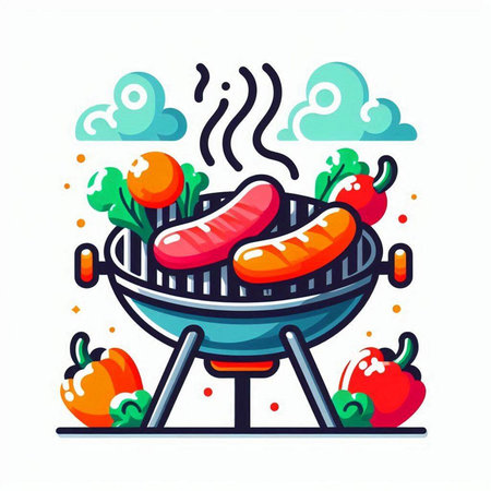 Barbecue grill with sausages and vegetables. Vector illustration.のイラスト素材