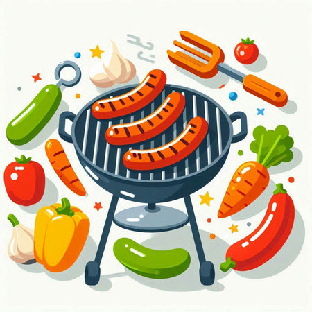 Barbecue grill with sausages and vegetables. Vector illustration.のイラスト素材