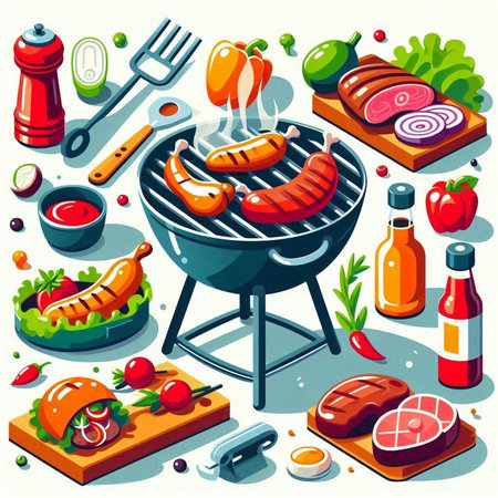 Barbecue grill with sausages and vegetables. Vector illustration.のイラスト素材