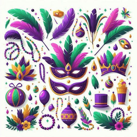 Mardi Gras party set with carnival masks, feathers and beads. Vector illustrationのイラスト素材