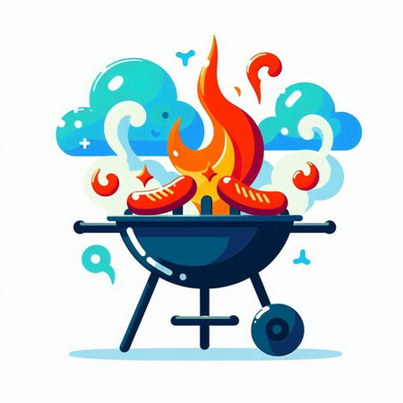Barbecue grill with sausages on fire. Vector illustration.のイラスト素材