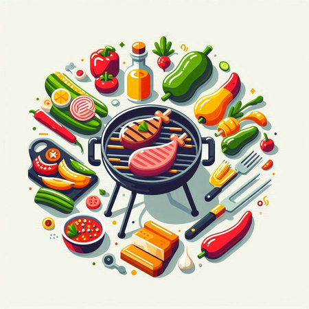 Barbecue grill with vegetables and meat. Vector illustration in flat styleのイラスト素材