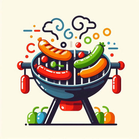 Barbecue grill with sausages and vegetables, vector illustration.のイラスト素材