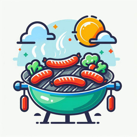 Barbecue grill with sausages and vegetables. Vector illustration.のイラスト素材