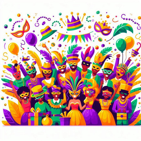 Mardi Gras carnival party. Group of people in carnival costumes. Vector illustrationのイラスト素材