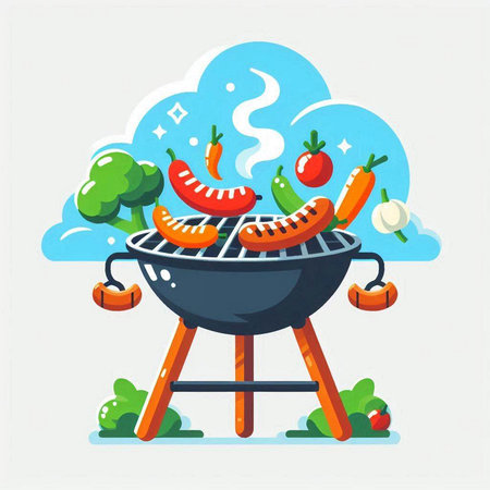 Barbecue grill with sausages and vegetables. Vector illustration.のイラスト素材