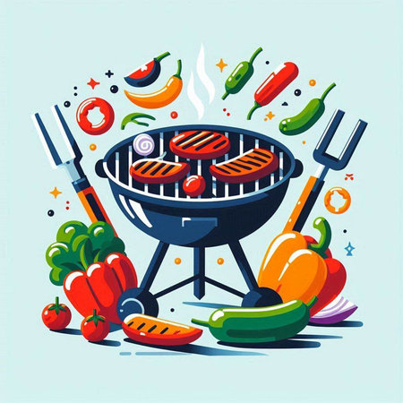 Barbecue grill with vegetables. Vector illustration in flat cartoon style.のイラスト素材