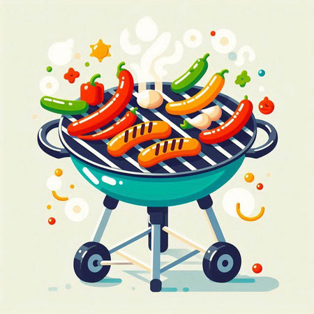 Barbecue grill with grilled sausages and vegetables. Vector illustration.のイラスト素材