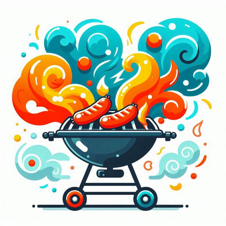 Barbecue grill with sausages. Vector illustration in cartoon styleのイラスト素材