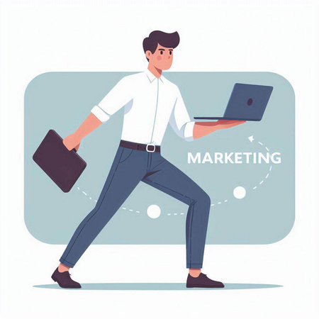 Businessman with laptop and briefcase. Vector illustration in flat styleのイラスト素材