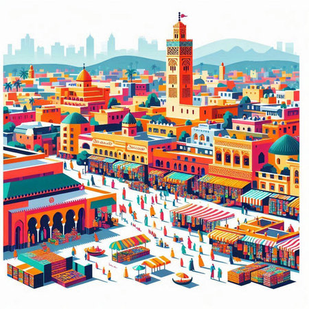 Colorful islamic market with minaret and mosque, vector illustrationのイラスト素材