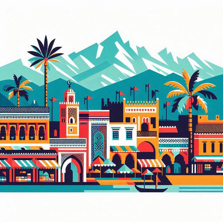 Morocco city with traditional houses and palm trees, vector illustrationのイラスト素材
