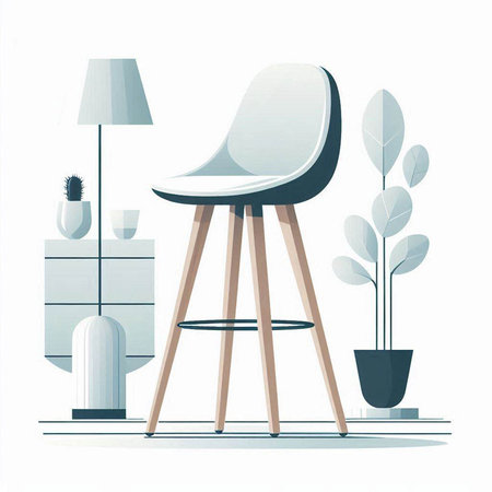 Modern living room interior with armchair, lamp, plants, furniture. Vector illustration.のイラスト素材