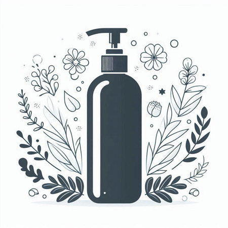 Cosmetic bottle with dispenser on floral background. Vector illustration.のイラスト素材