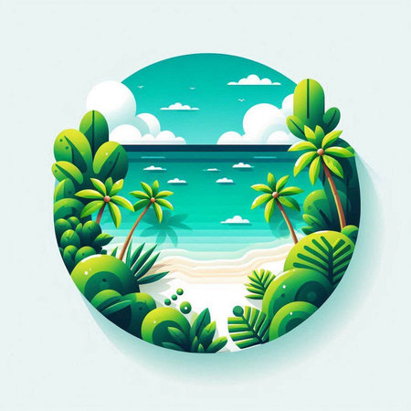 Tropical beach with palm trees and sea. Vector illustration.のイラスト素材