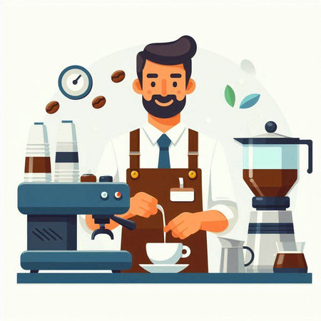Coffee shop, barista making coffee. Vector flat illustrationのイラスト素材