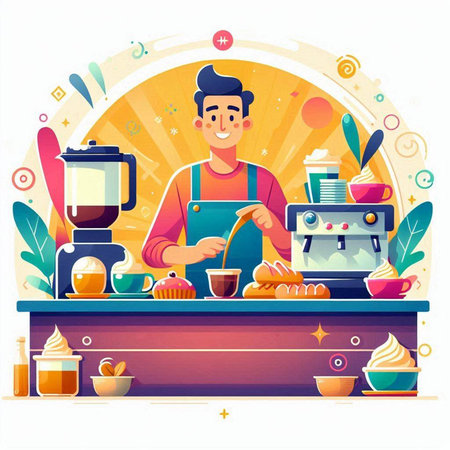 Handsome barista making coffee. Vector illustration in flat styleのイラスト素材
