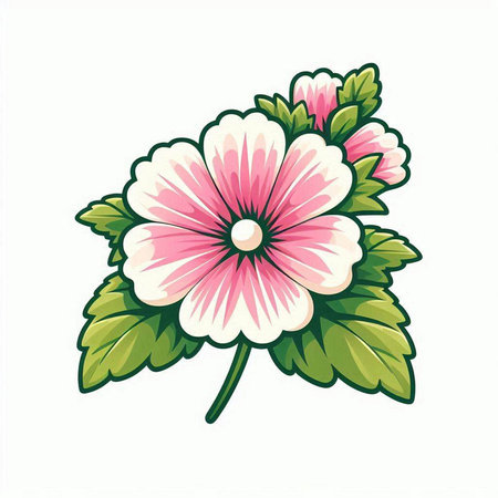 Illustration of a pink flower with green leaves on a white backgroundのイラスト素材