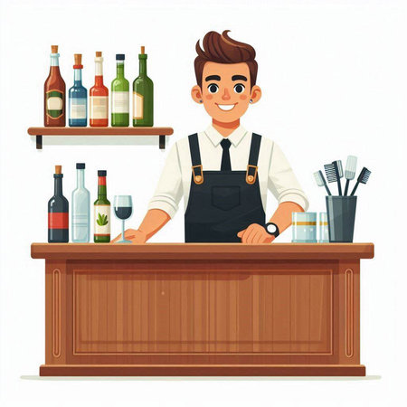 Bartender standing at the counter in the bar. Vector illustrationのイラスト素材