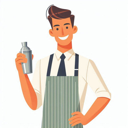 Young man bartender in apron holding shaker. Vector illustration in cartoon styleのイラスト素材