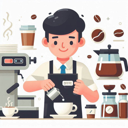 Coffee shop, barista making coffee in cafe. Vector illustrationのイラスト素材