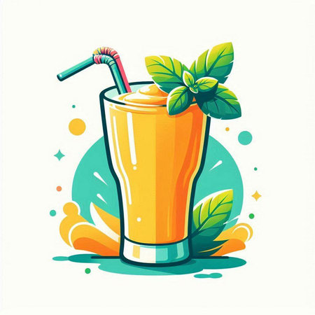 Orange juice in a glass with straw and mint leaves. Vector illustration.のイラスト素材