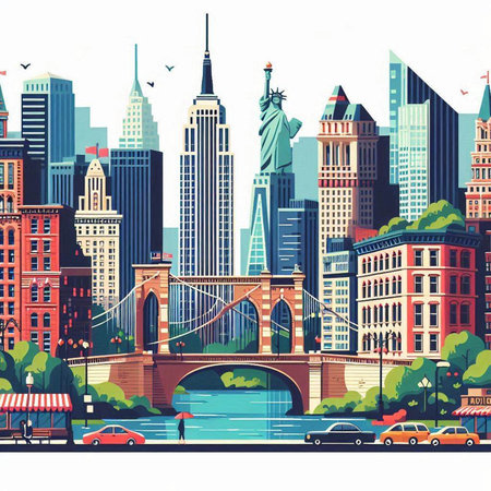 New York City skyline with famous buildings and river. Vector illustration.のイラスト素材