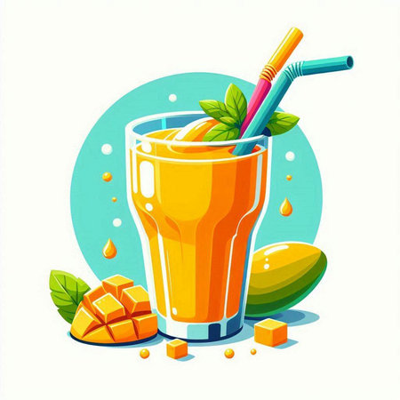 Mango juice in a glass with a straw. Vector illustration.のイラスト素材