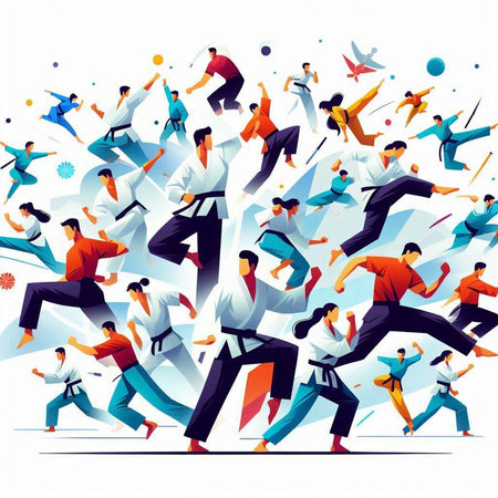 Vector illustration of a group of people doing karate in the gymのイラスト素材