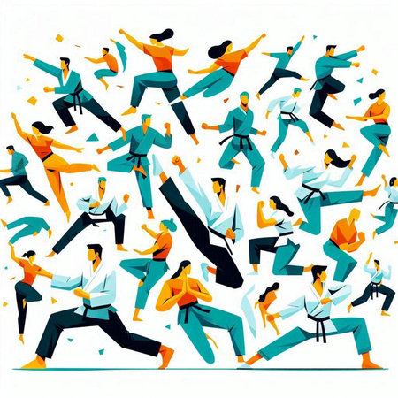 Vector illustration of a group of people doing karate in the air.のイラスト素材