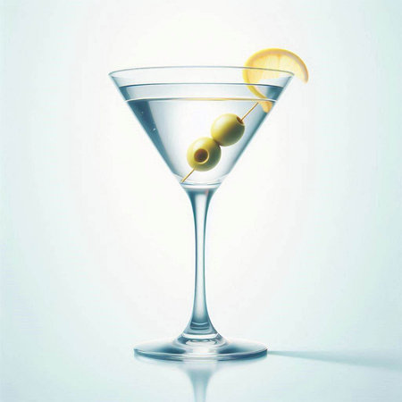 Martini with olives and lemon on white background. 3d illustrationのイラスト素材