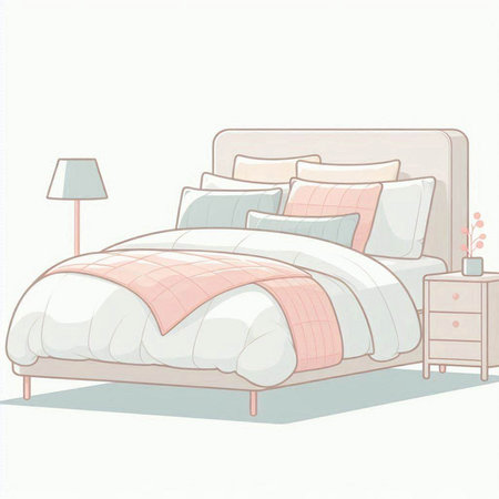 Illustration of a bed with a pillow and a lamp on a white backgroundのイラスト素材