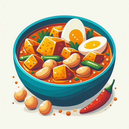 Illustration of a bowl of spicy curry with egg and chilliのイラスト素材