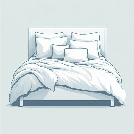 Illustration of a white double bed with pillows on a blue backgroundのイラスト素材
