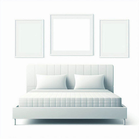 White bed with two pillows and picture frames on a white backgroundのイラスト素材