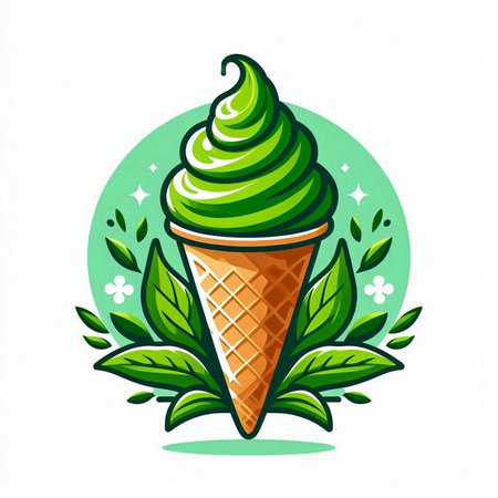 Green ice cream in waffle cone with leaves. Vector illustration.のイラスト素材
